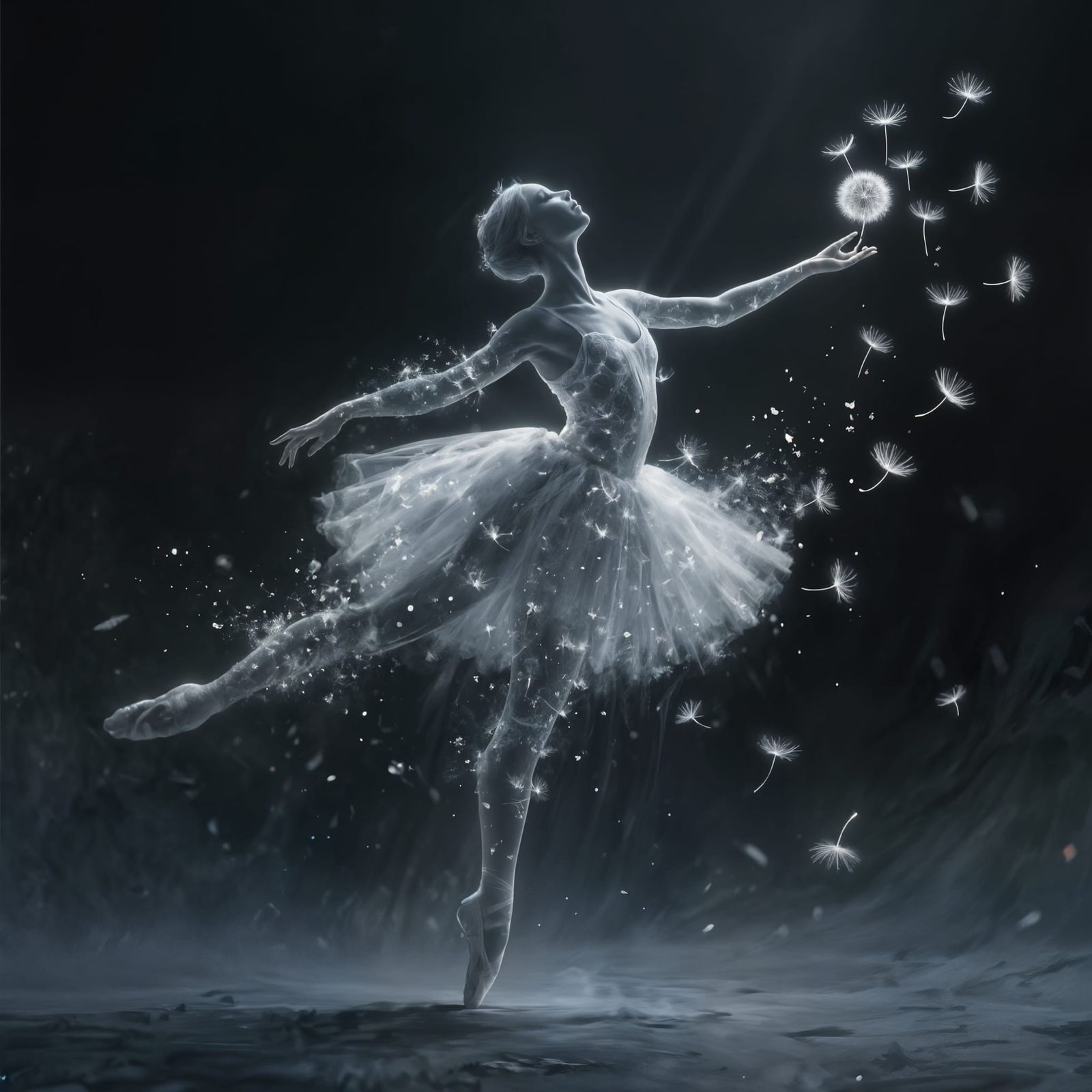 Ballerina of Dandelion Seeds in Ethereal Digital Painting