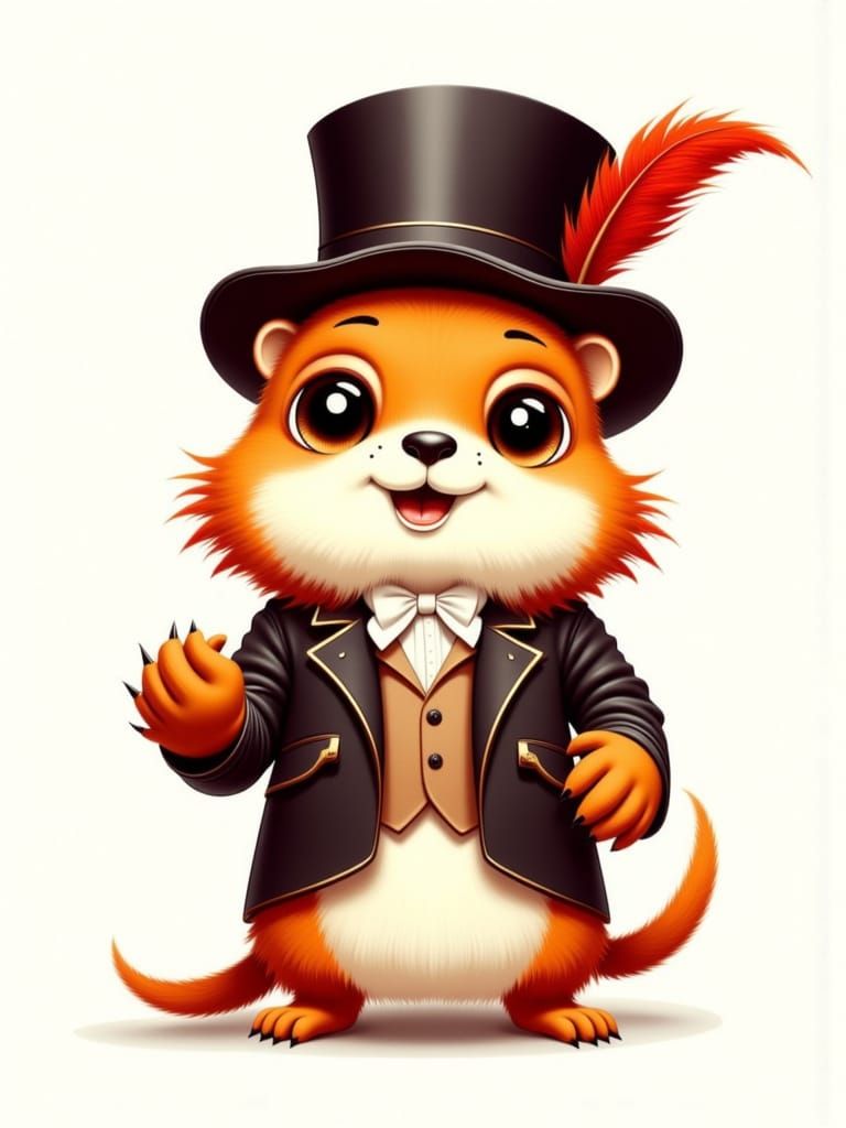 Kawaii Chibi Prairie Dog in Top Hat, Dapper Sable Furred Gen...