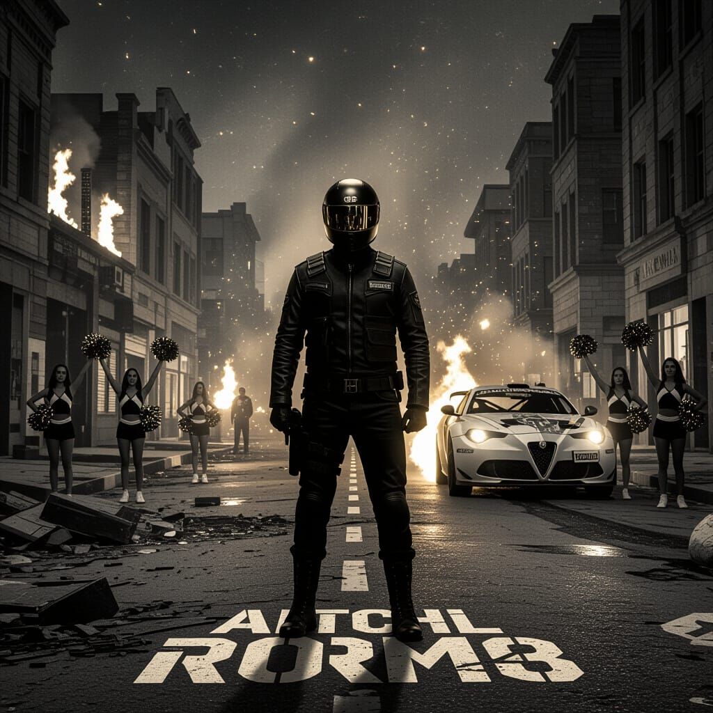 Noir Ruined Cityscape with Cheerleaders