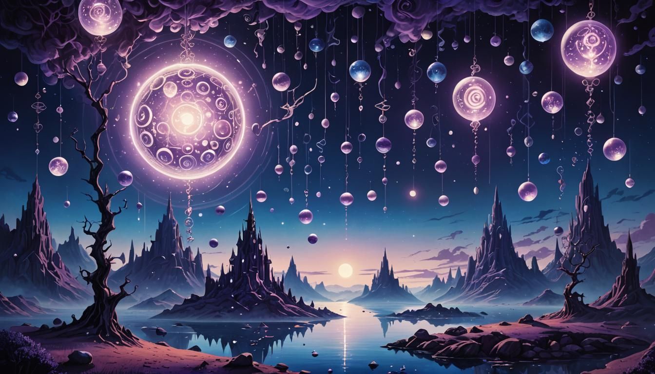 Surreal Dreamscape with Floating Orbs and Mystical Symbols