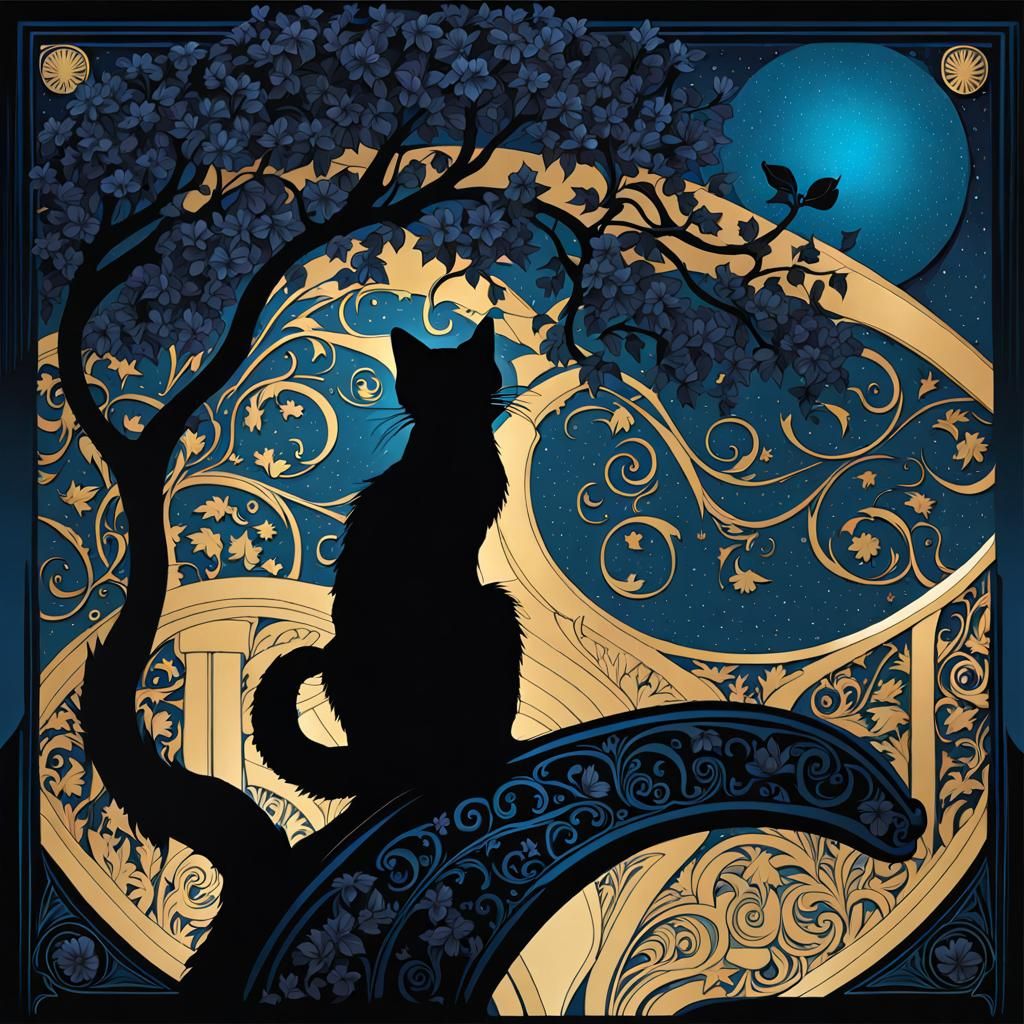 Black Cat Silhouette Under Starry Sky