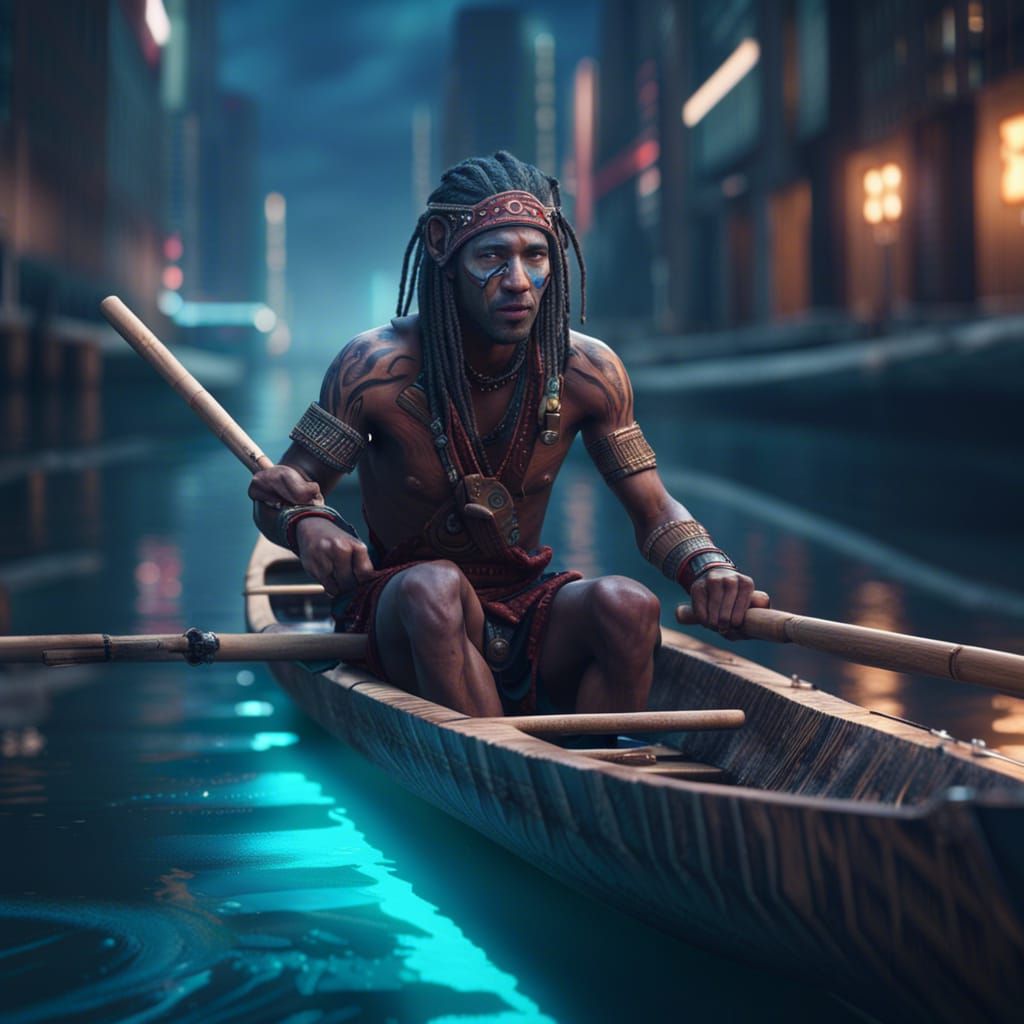 Futuristic City Canal Scene with Tribal Man