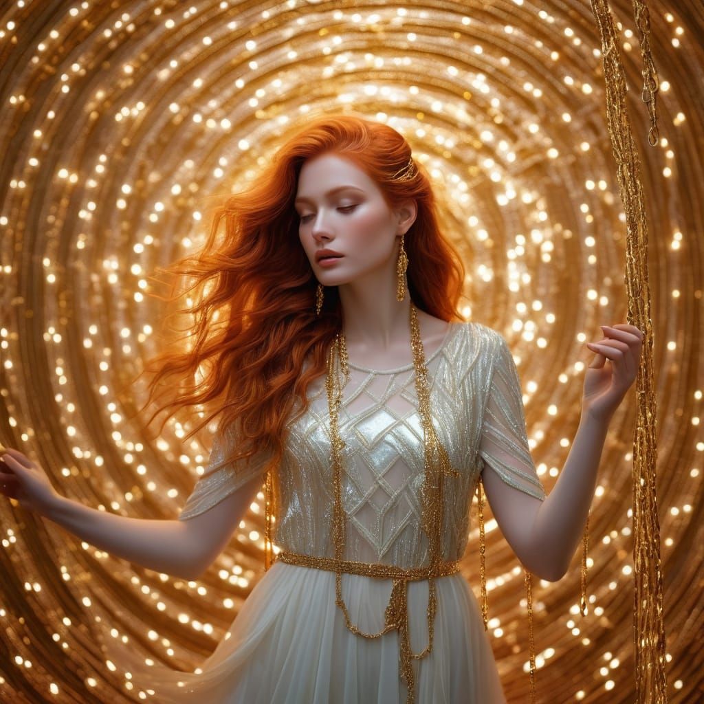 Goddess in Fiber Optic Maze with Golden Accents