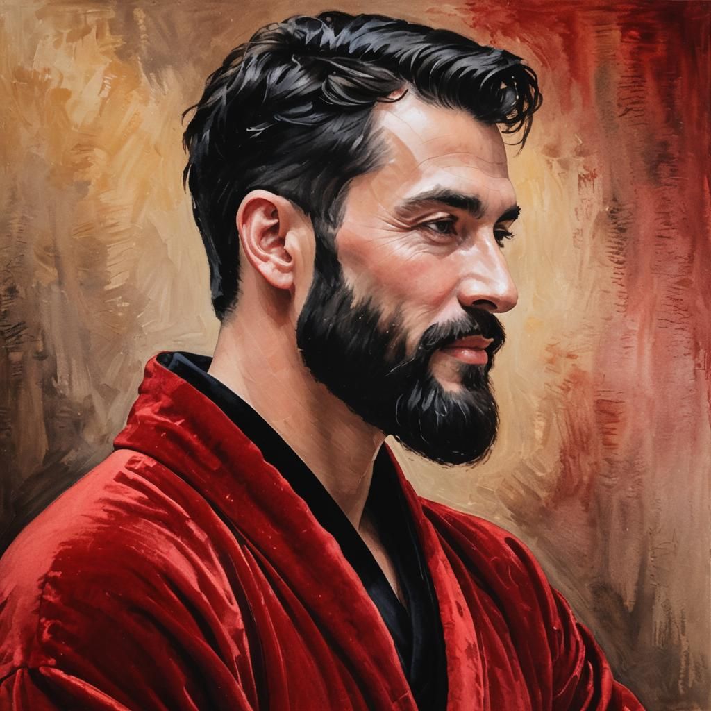 Smiling Man in Red Velvet Bathrobe, Impressionist Portrait