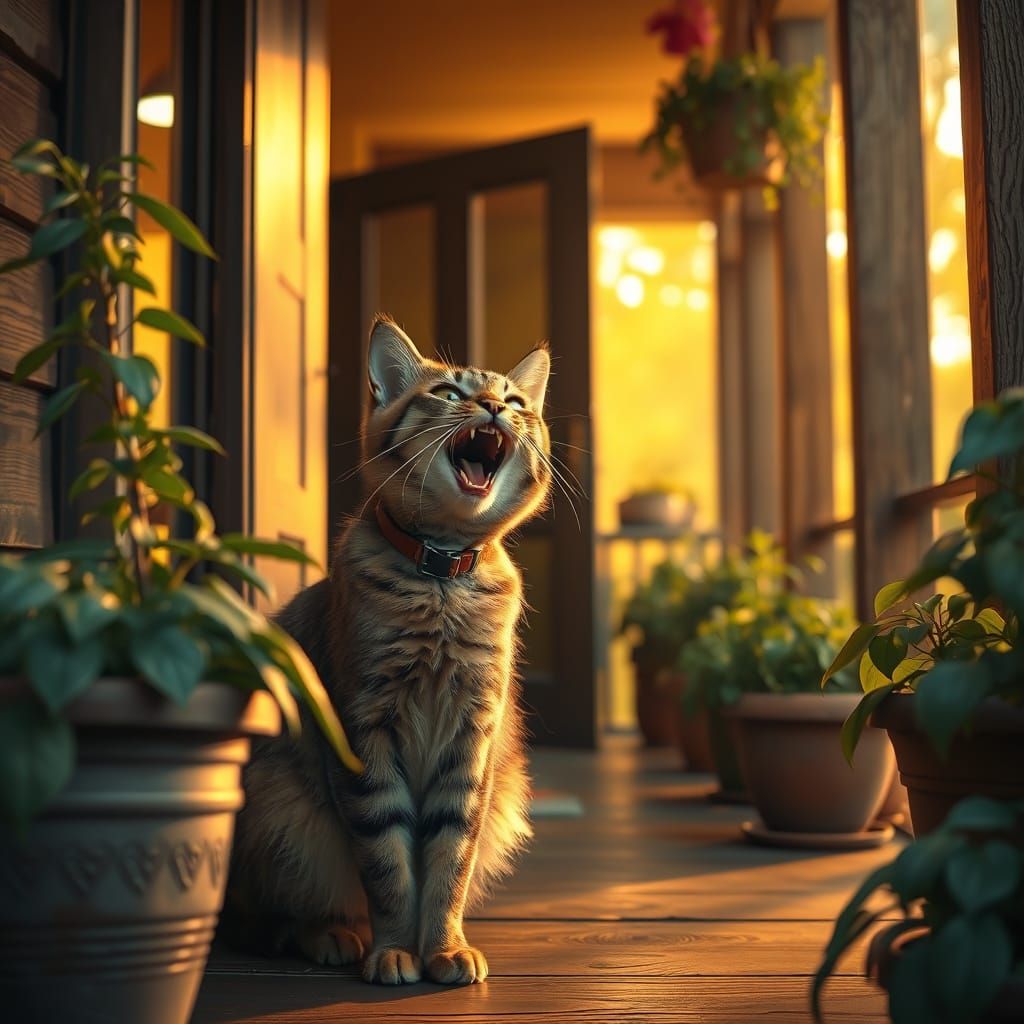 Photorealistic Brown Cat Meowing on a Porch