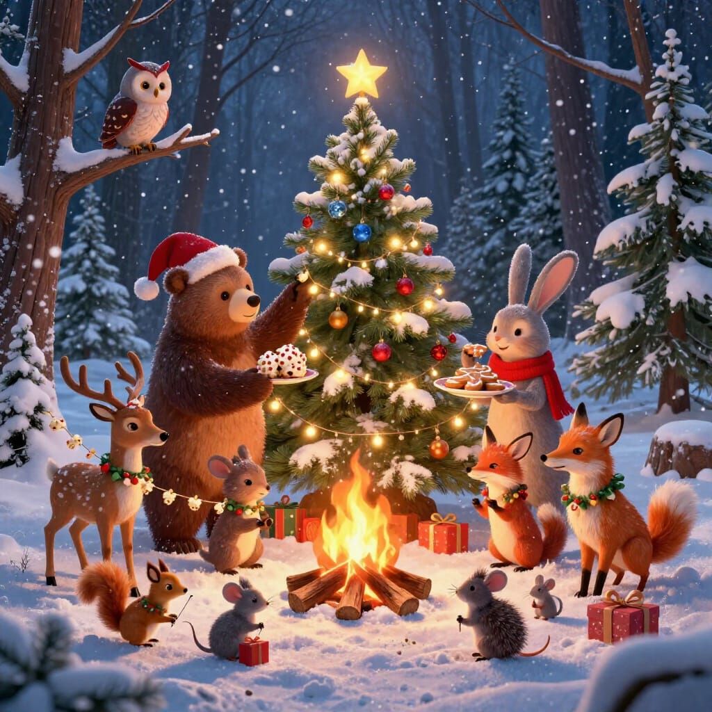 Animals Celebrate Christmas in Snowy Forest Clearing