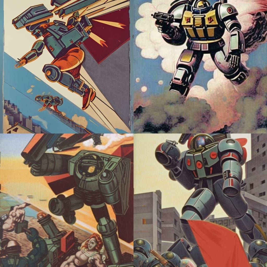 Zaku Robot Destroys Building in Propaganda Art