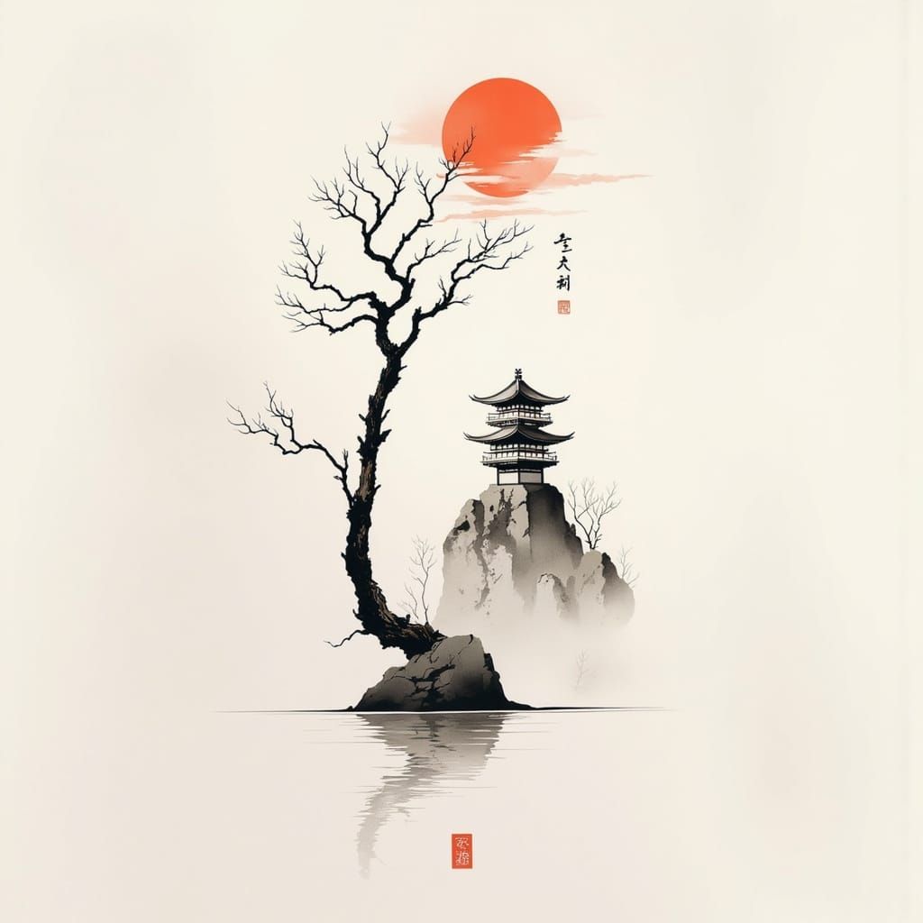 Traditional Japanese Landscape in Serene Minimalist Style