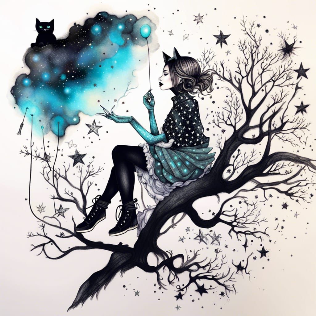 Dreamy Pen Sketch: Woman with Stardust Cat