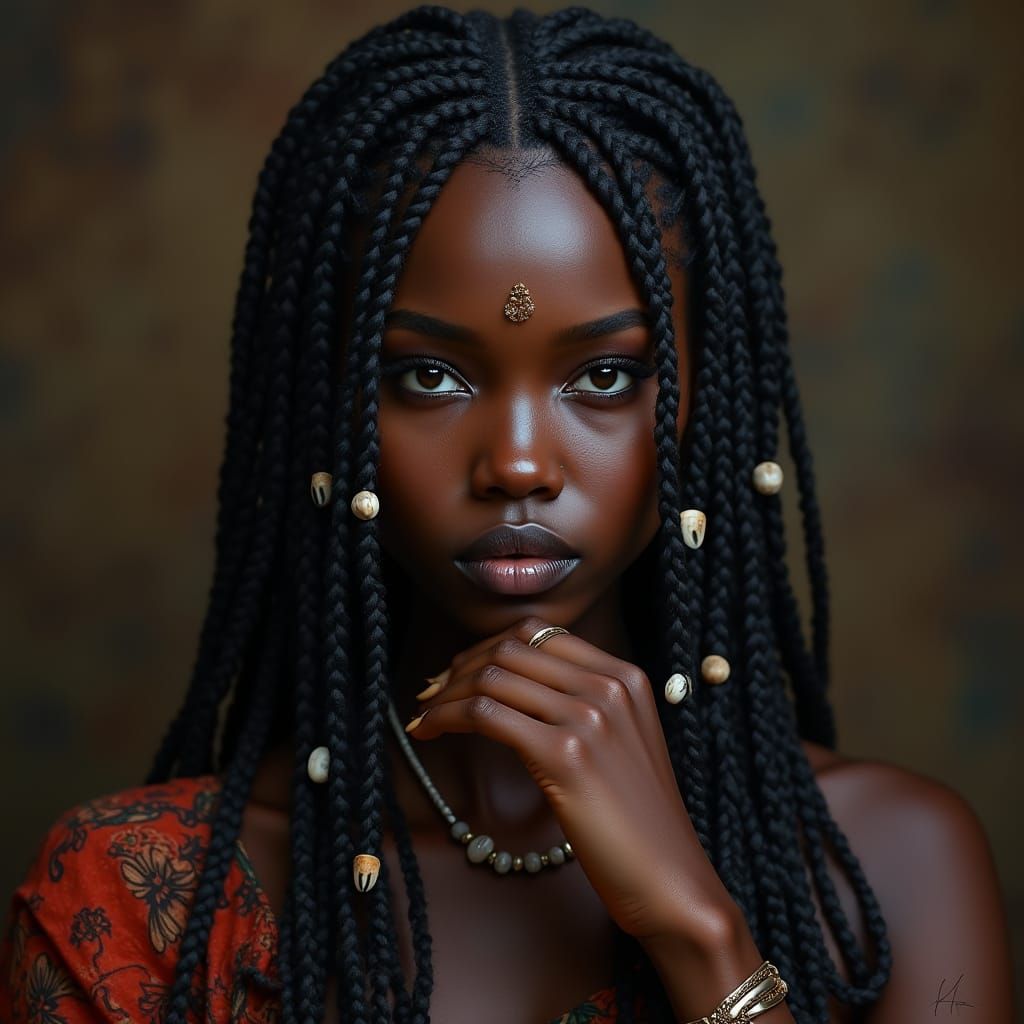 Regal Nigerian Woman in Contemplation, with Intricately Brai...