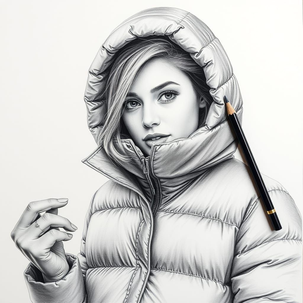 A drawing is drawing its self, the image of a woman in a nyl...