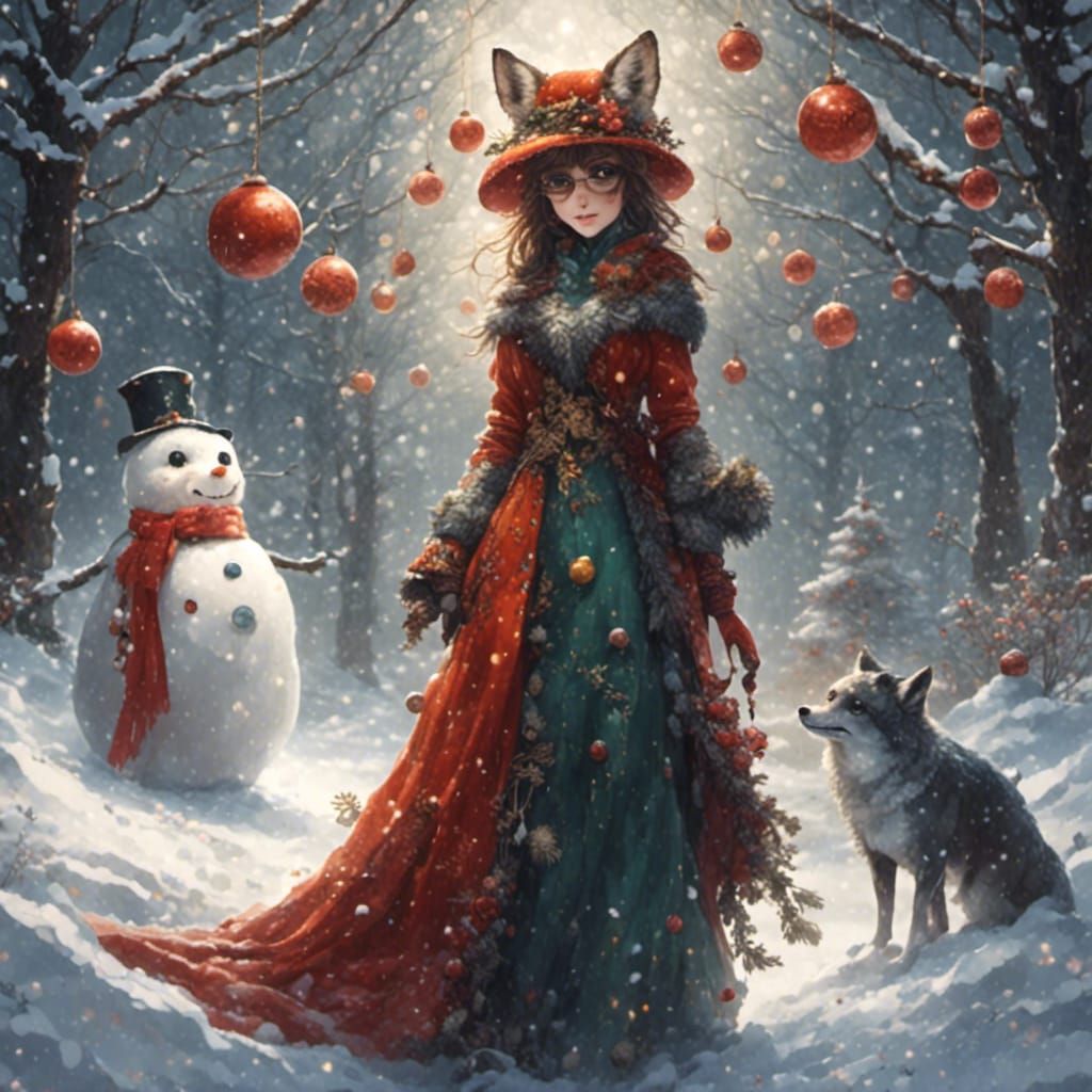 Girl in Fox Mask with Detective Snowman