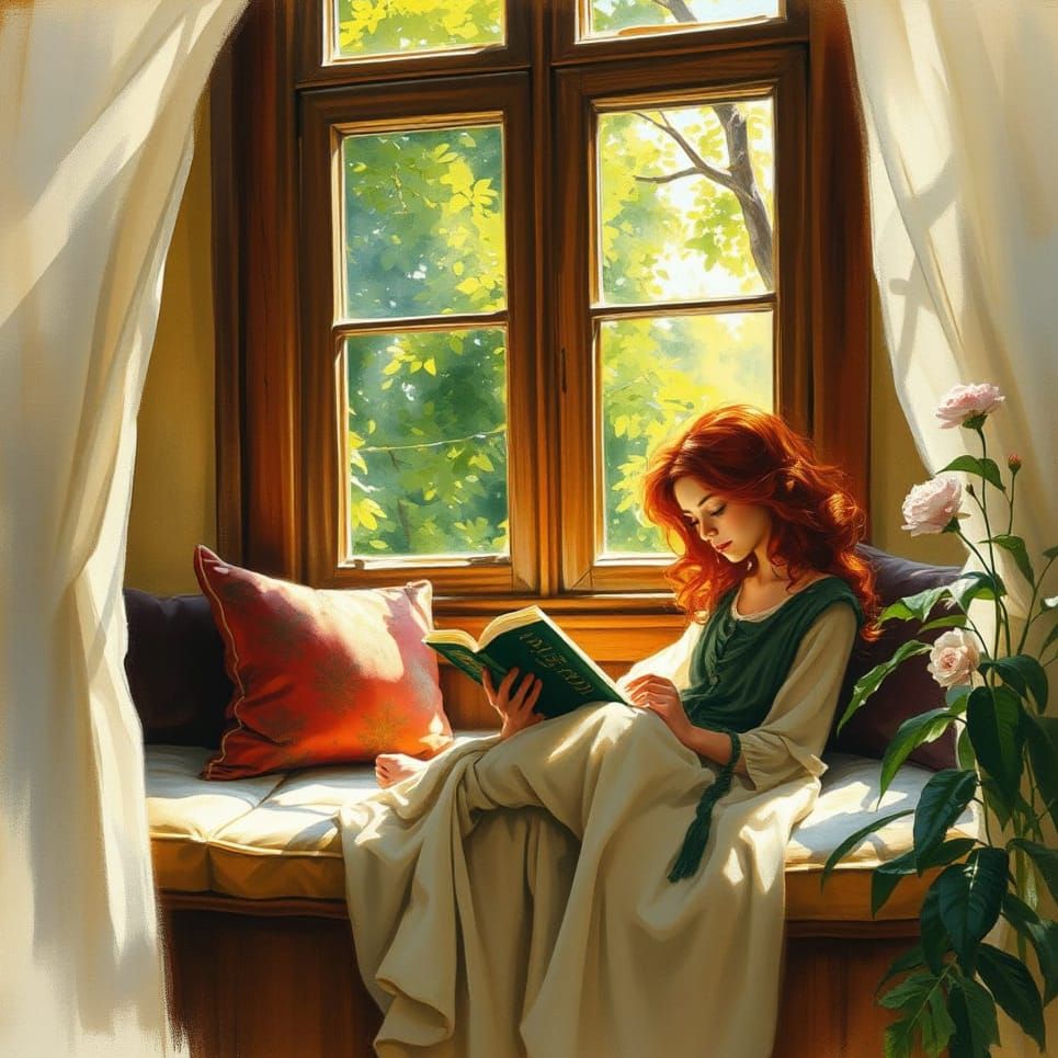 Girl Reading Book in Warm Light: Oil Painting
