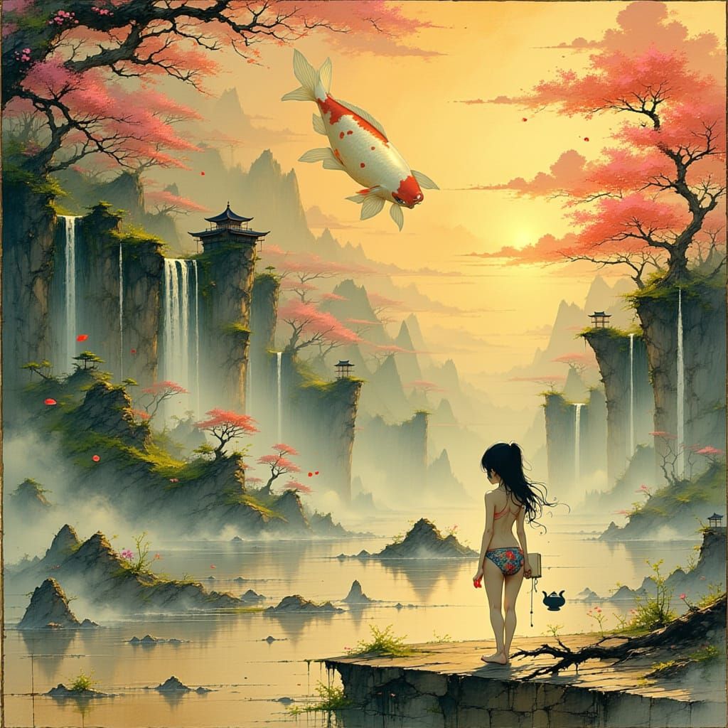 Woman with Teapot and Book by Lake at Sunset