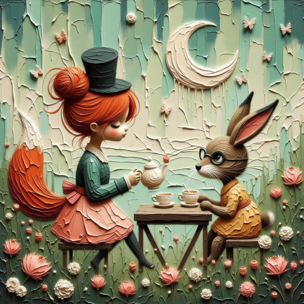 Fox Pours Tea for Knitting Hare in Moonlit Meadow