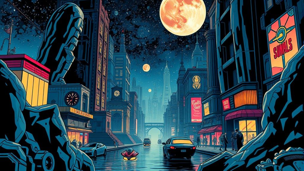 Cyberpunk New York Cityscape in Vibrant Comic Book Style