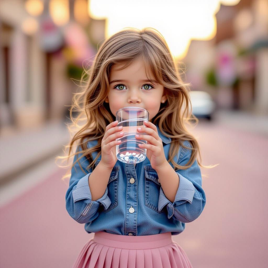 Beautiful 3-Year-Old Girl Enjoys Water on Pink Street