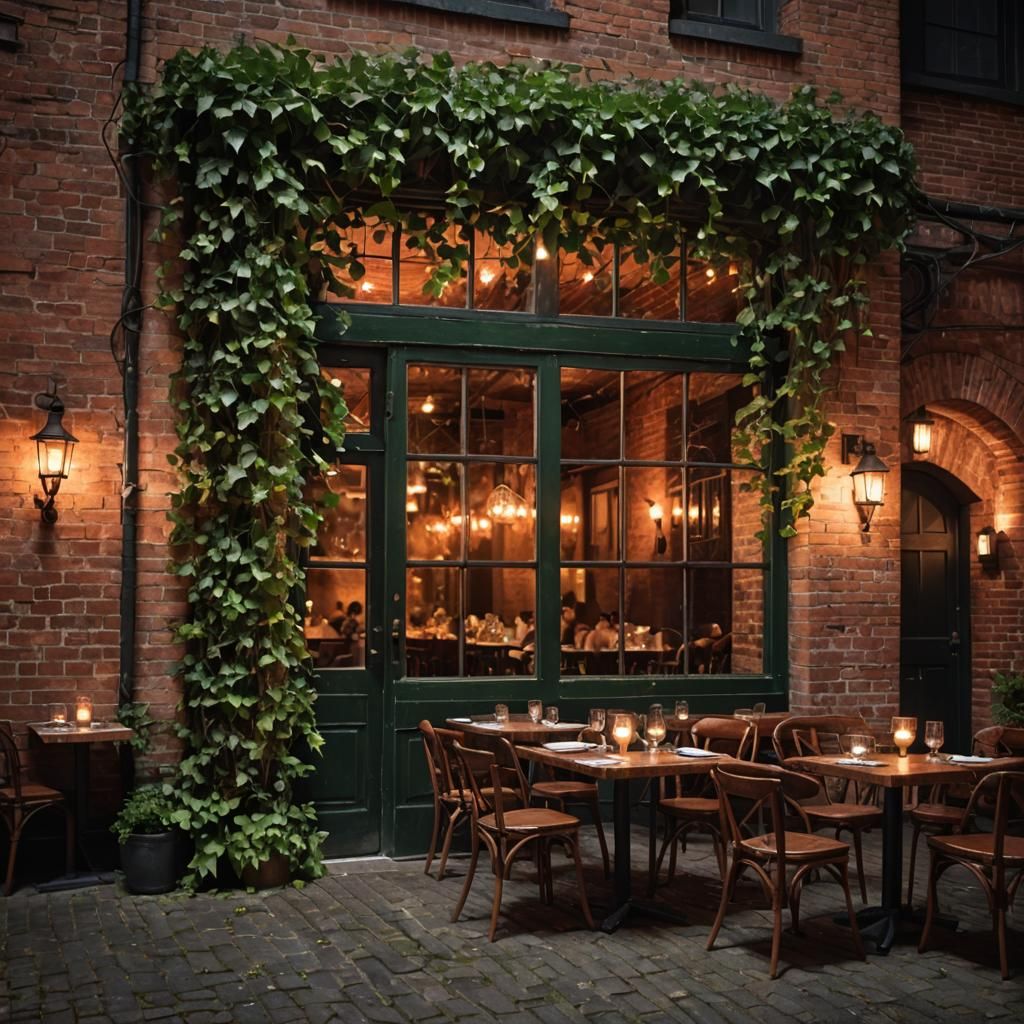 Rustic Restaurant with Ivy at Night