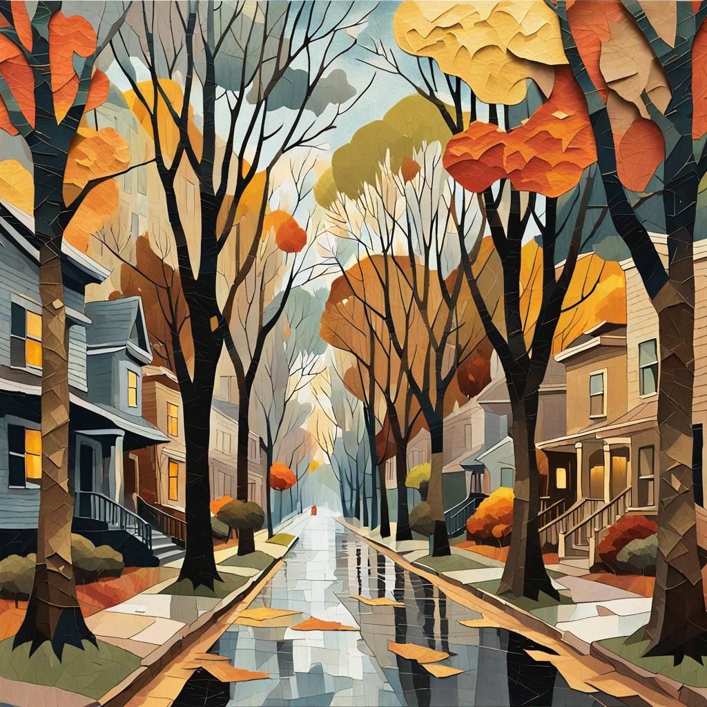 Fall Paper Collage Art of Serene Street