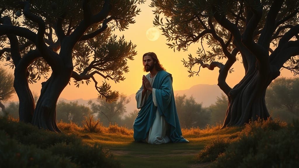 Jesus in a Serene Garden at Dusk, Surrounded by Ancient Oliv...