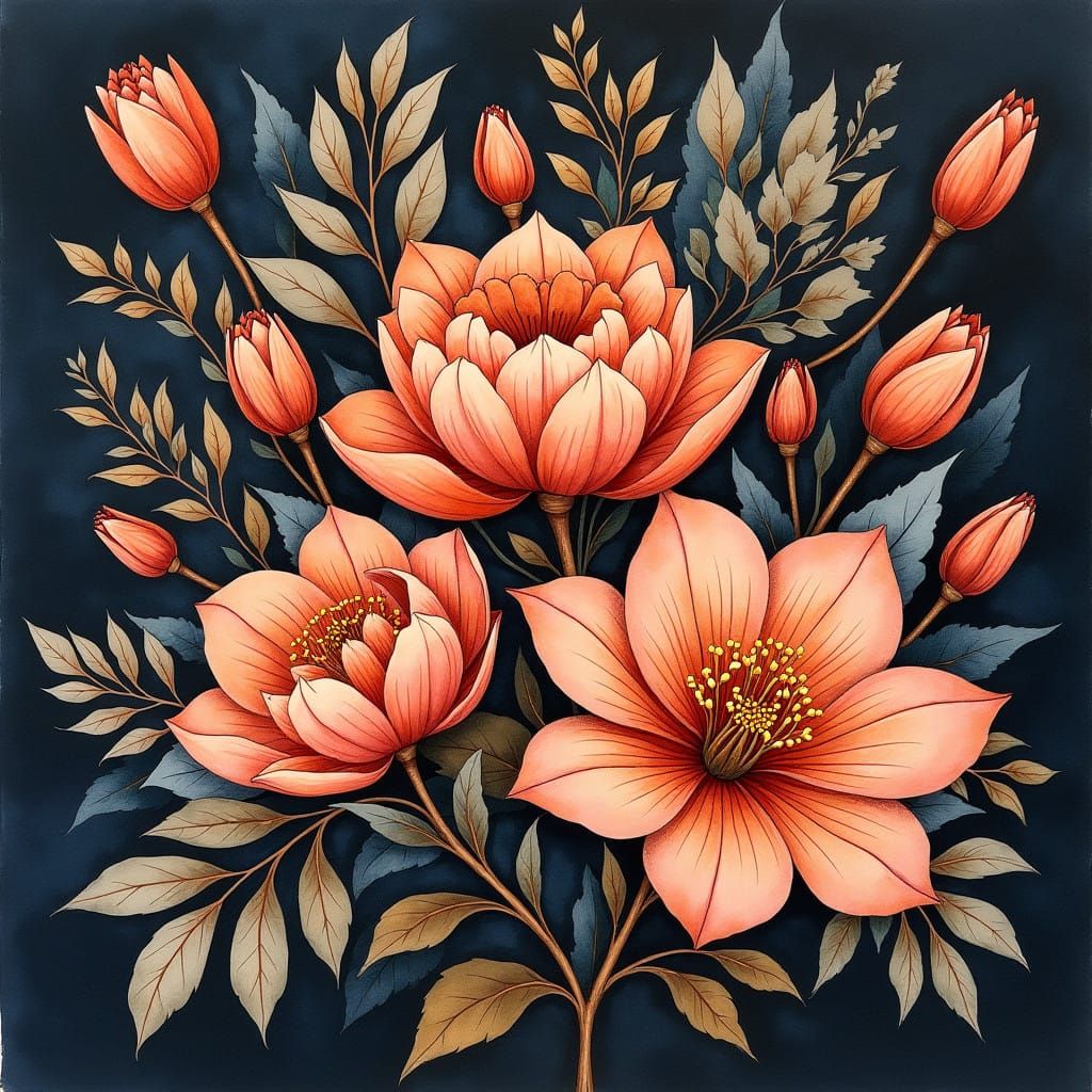 Warm Watercolor Floral Masterpiece with Wet Brushstrokes and...