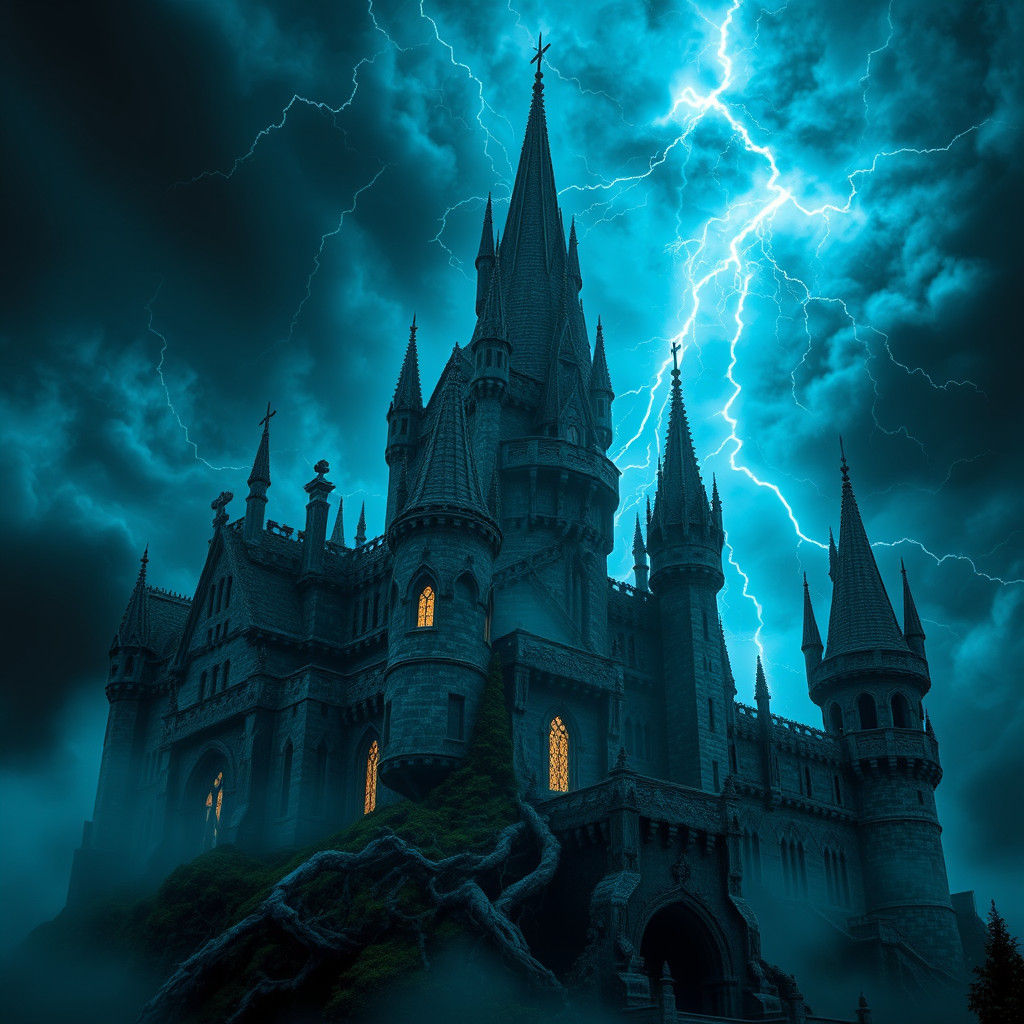 Dark Fantasy Castle in Thunderstorm