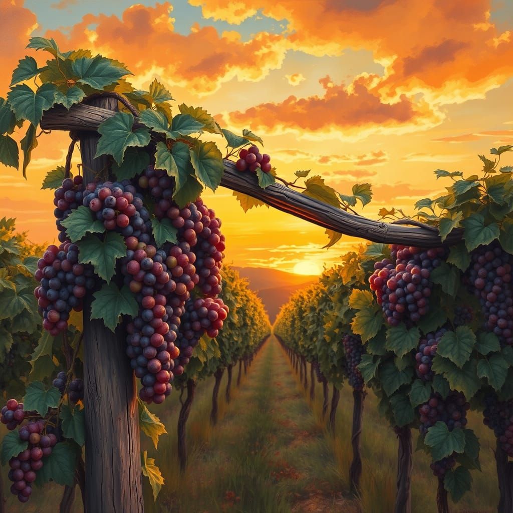 Vines of Grapes in Vibrant Sunset Light