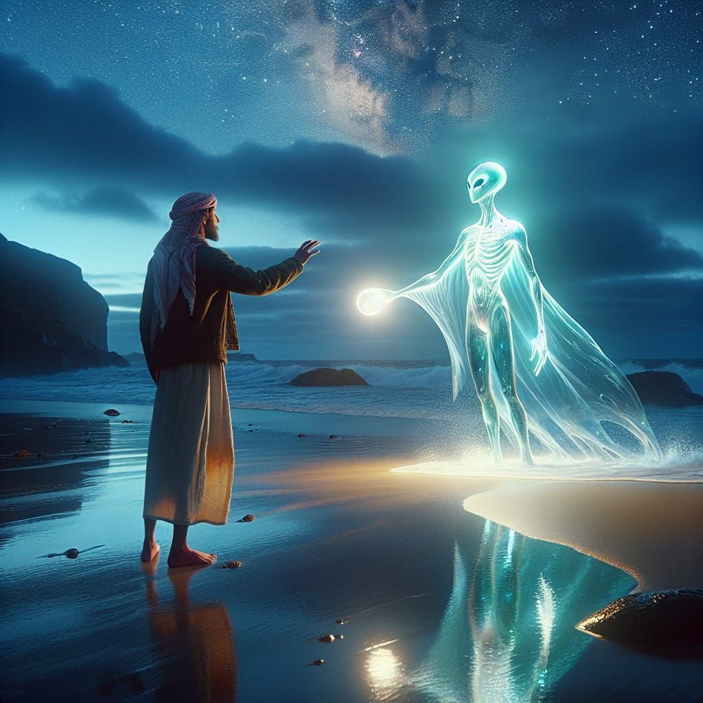 First Contact: Luminous Alien Emerges on Twilight Beach