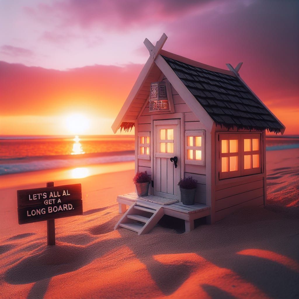 Beach House at Sunset with Surfboard Sign