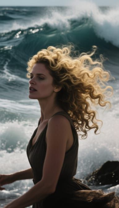 Cinematic Blonde Woman Amidst Turbulent Seas