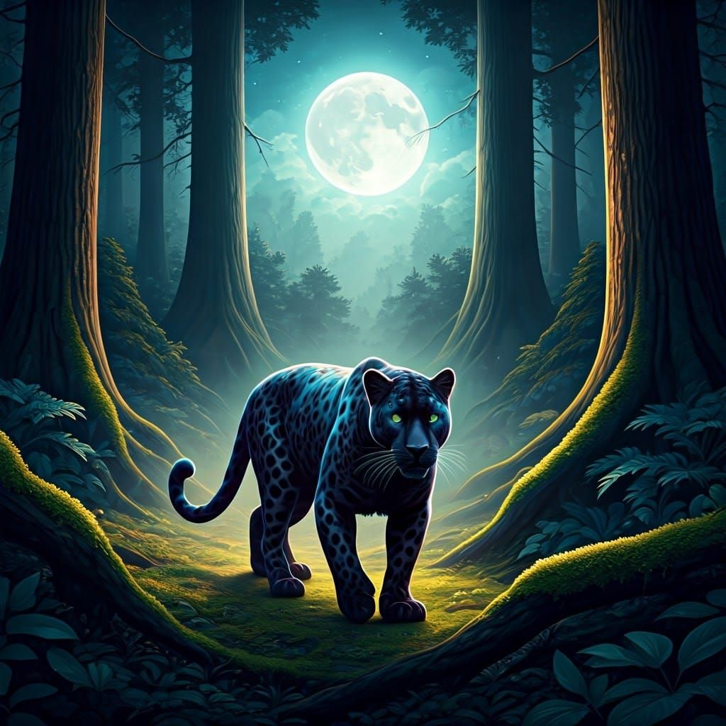 Iridescent Black Panther in Moonlit Forest