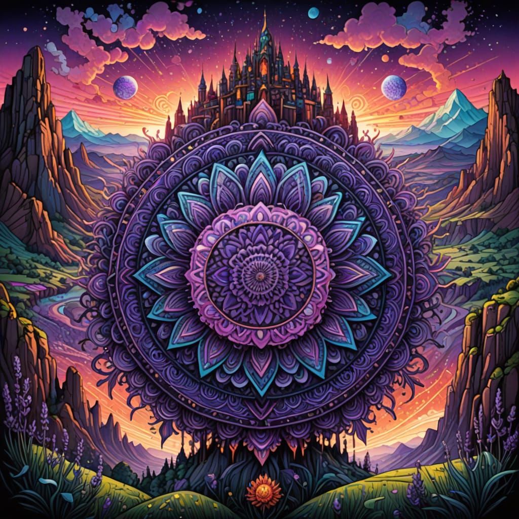 Vibrant Kaleidoscope Landscape with Lavender Fields and Rugg...