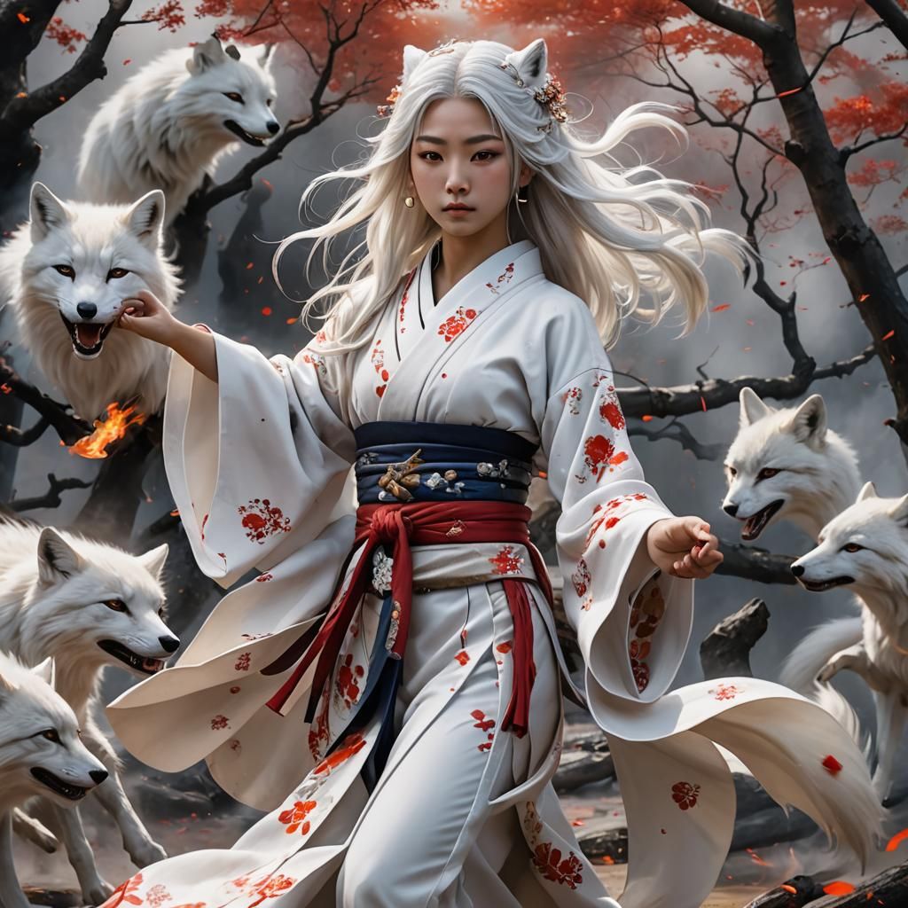 Japanese Girl Rides Fox Across Inferno Battlefield