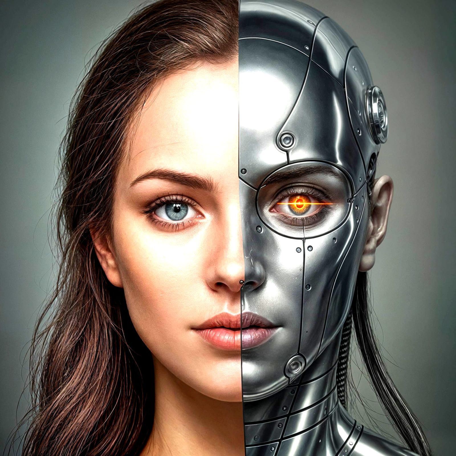 Hyperrealistic Portrait: Woman Split Between Youth and Cybor...