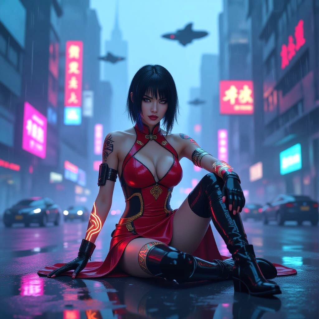 A photorealistic image of a futuristic female warrior seated...
