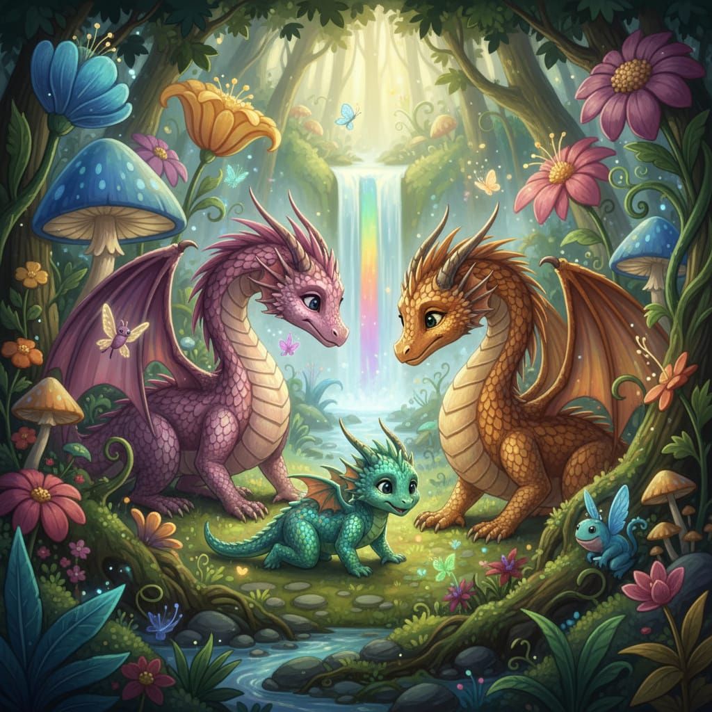 Cute Baby Dragon with Parents in Lush Greenery