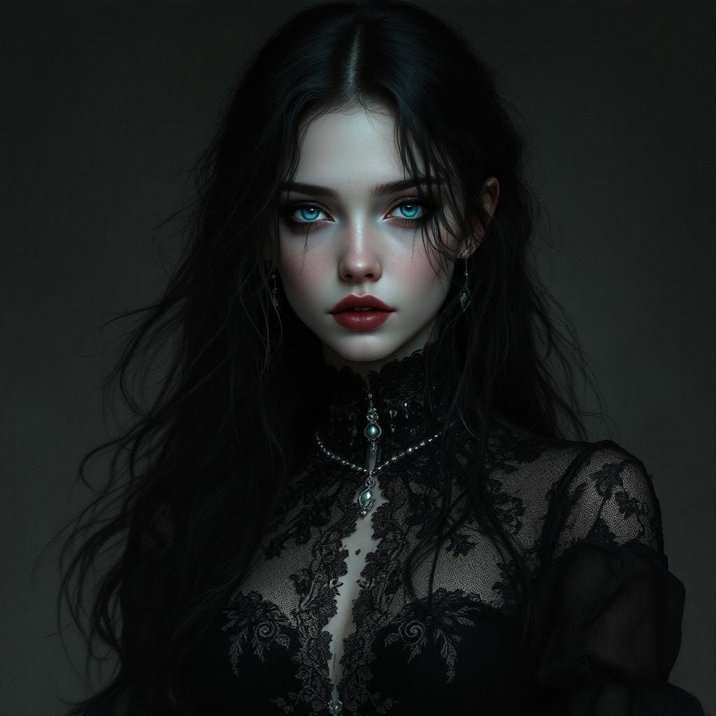 Gothic Portrait of a Woman with Flowing Black Hair