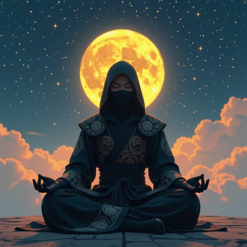 Meditating Ninja Under Starry Sky, Surreal Black and White