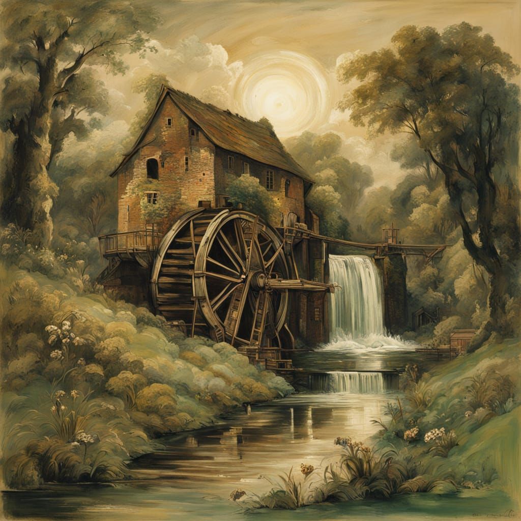 Whimsical Watermill Scene in Idyllic Riverscape