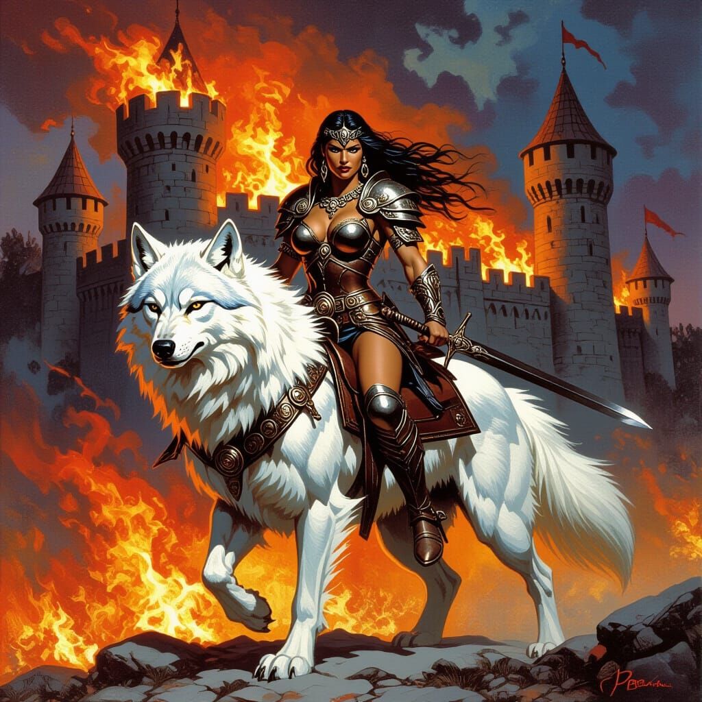 Amazon Warrior Rides White Wolf Before Burning Castle