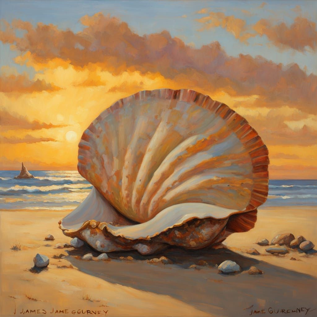 Giant Seashell on Beach at Sunset, Folk Art Style