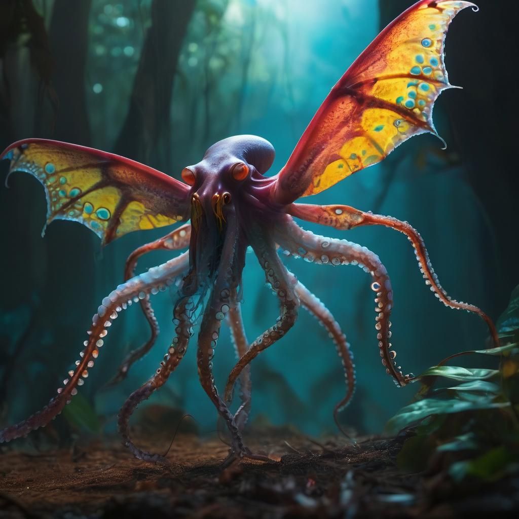 Venomous Octopus-Bat-Mantis Creature in Jungle, Watercolor S...