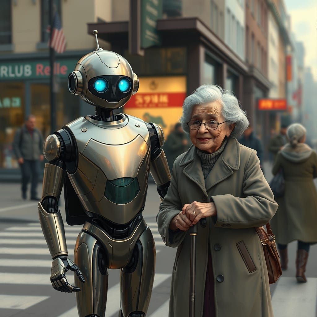 Friendly Robot Helping Elderly Woman: Digital Illustration