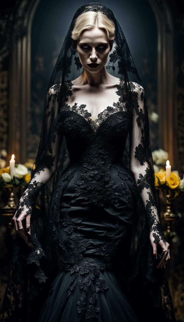 Sinister Blonde Woman at Elegant Wedding in Horror Style