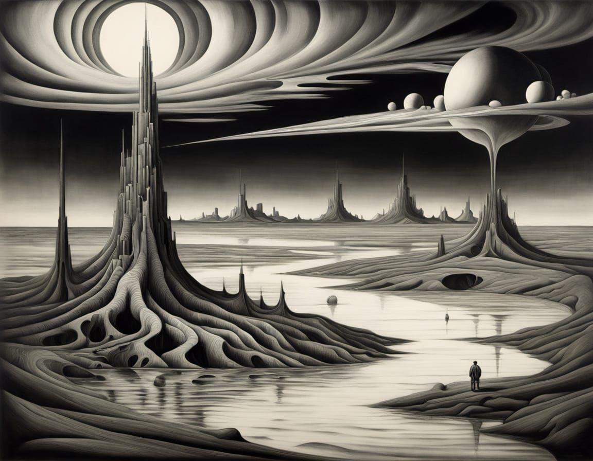 Surreal Melting Landscape in Pencil and Charcoal