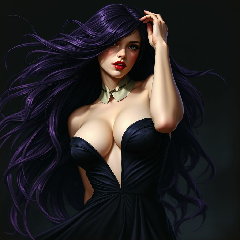 Gothic Woman with Flowing Purple Black Hair in Seductive Pos...