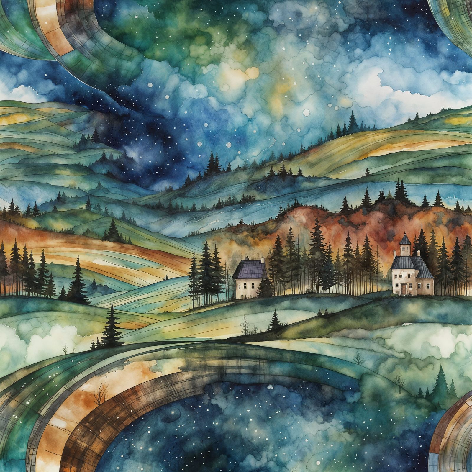 Surreal Tartan Landscape with Galactic Swirls