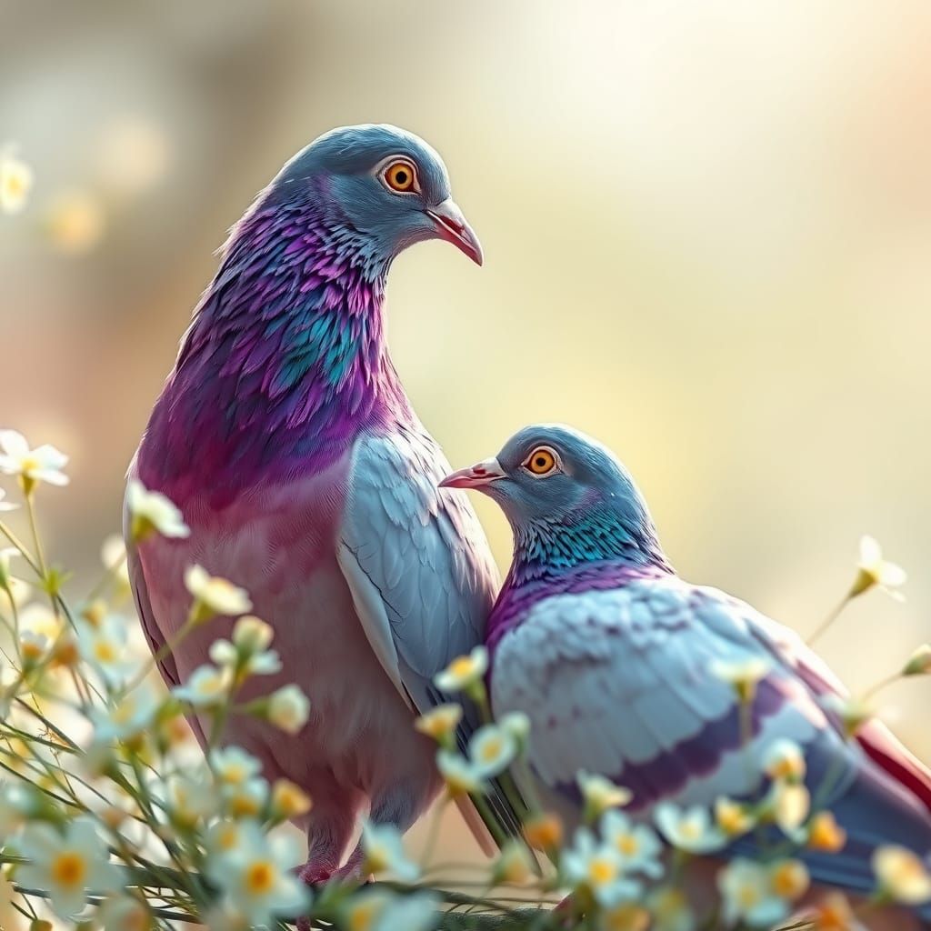 Whimsical Pigeon Couple in Vibrant Spring Bloom
