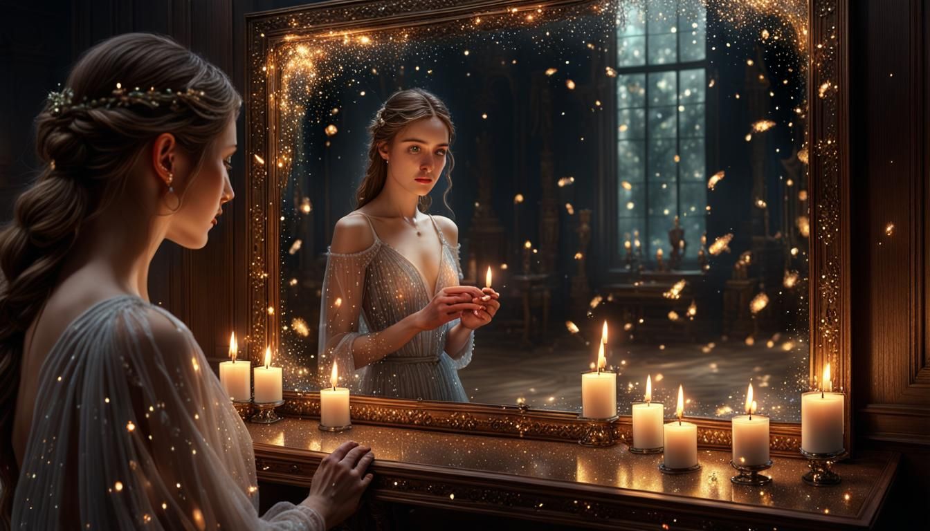 Girl, Mirror, Man, and Fireflies in Chiaroscuro