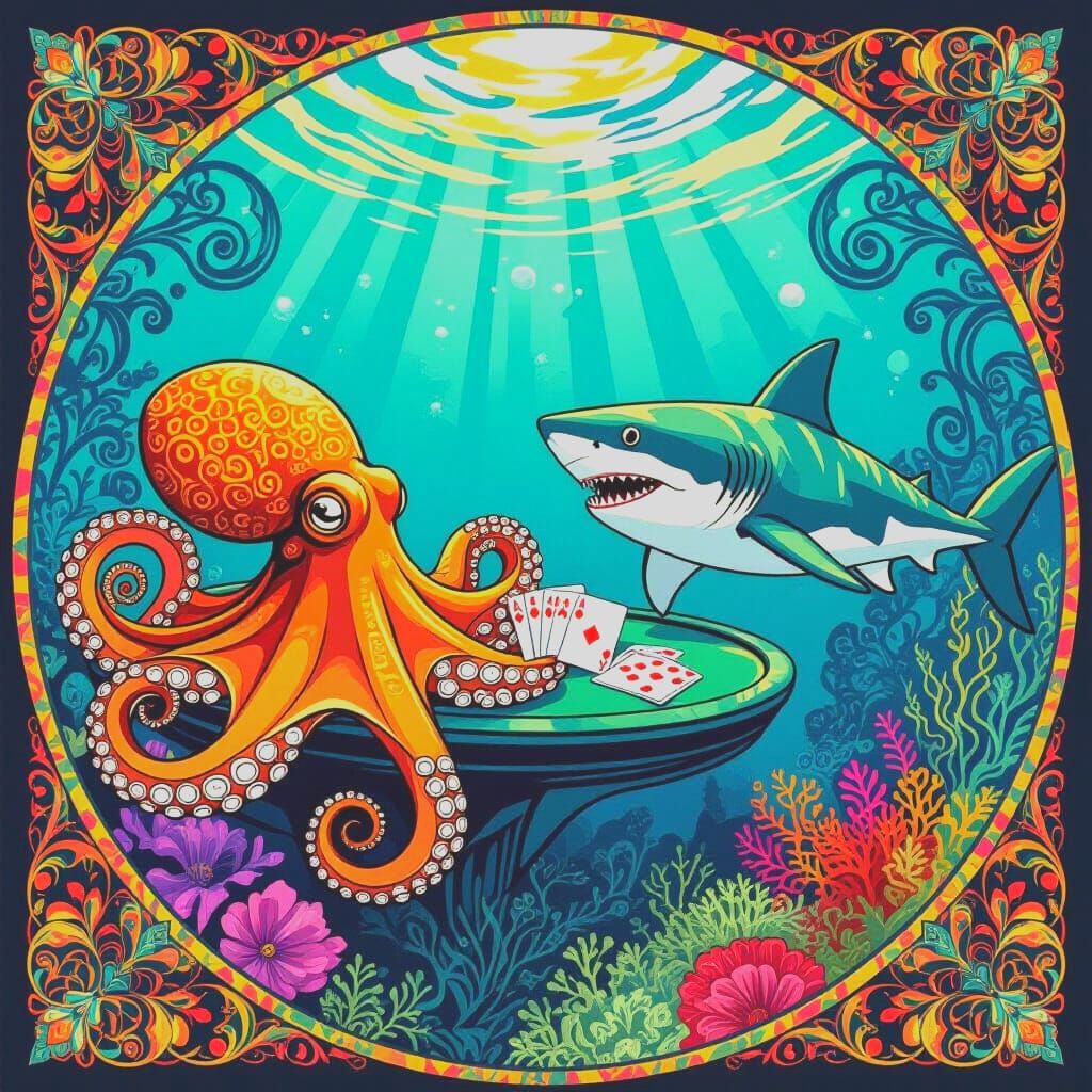Octopus and Shark Play Poker in Art Nouveau Style